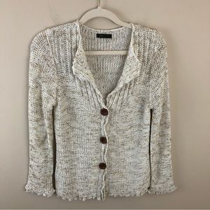 BCBGMaxAzria Cardigan Womens L Cream Tan Knit Y2K Button Front Ruffle Sw…